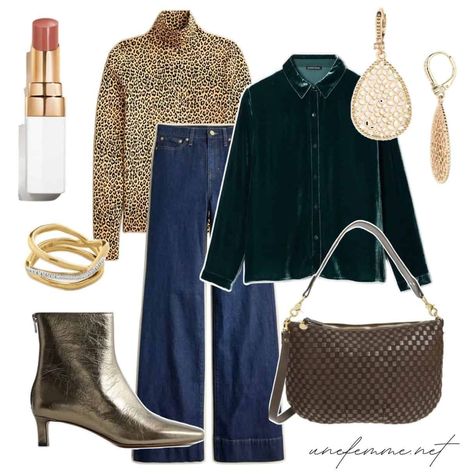 Casual holiday outfit idea with leopard print turtleneck, spruce green velvet shirt, gold jewelry, metallic ankle boots, brown woven leather bag. Leopard Shirt Outfit, Velvet Shirt Outfit, Fall Outfits For Petite Women, Holiday Outfits For Women, Green Velvet Shirt, Festive Outfit Ideas, Fall Outfits For Women Over 50, Outfit Ideas Dress, Outfit For Petite Women