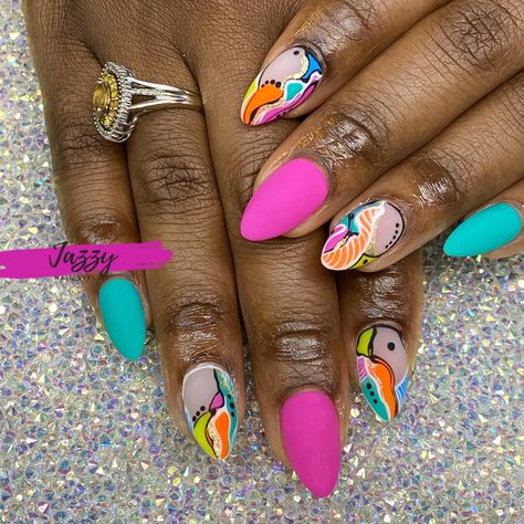 Bright abstract art with matte finish. Neon Matte Nail Designs, Bright Matte Nails, Abstract Nail Art Long Nails, Abstract Art Nails, Spring Abstract Nails, Bright Abstract Nails, Hot Pink Abstract Nails, Abstract Nail Designs, Abstract Nails