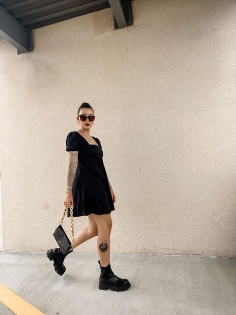 Black Babydoll Dress Outfit Fall, Babydoll Dress And Boots, Puff Sleeve Dress With Boots, Babydoll Dress With Boots, Babydoll Dress Outfit Fall, Dr Martens Outfit Dress, Over The Ankle Boots Outfit, Black Dress With Doc Martens, Black Boots Dress Outfit