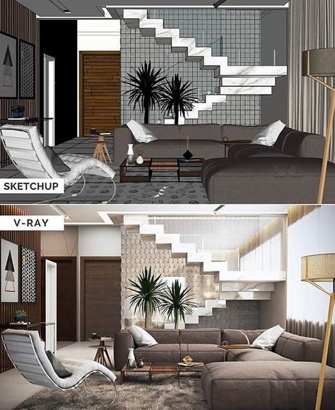 Architecture Magazine Ⓡ on Instagram: “Amazing before & after🔥 By Projetojovemarquiteto 💪 . Soft.: Sketchup 2017 + Vray 3.4 . 1- Follow 2- turn on post notification 3- Tag your…” Before And After Interior Design, Before And After Interior, Vray Sketchup, Architecture Magazine, Architecture Magazines, V Ray, Game Store, Interior Architecture Design, Interior Architecture