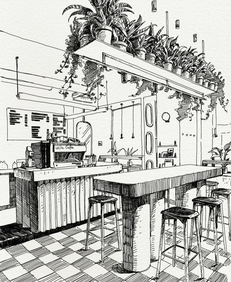 Cottagecore Drawing, Urban Cafe, Perspective Sketch, Architecture Drawing Sketchbooks, Perspective Drawing Architecture, Drawing Interior, Architecture Design Sketch, Cute Sketches, Sketch Pencil