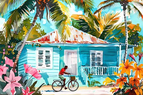 Barbados Art Print Caribbean Art Whimsical Print Tropical Watercolor Florida Art Key West Bicycle Art West Indies Art Caribbean Charm by WestIndiesArtCo on Etsy Caribbean Art Paintings, Old Caribbean Houses, Caribbean Art West Indies, West Indies Art, Caribbean Watercolor, Barbados Painting, Barbados Poster, Case Creole, Caribbean Homes