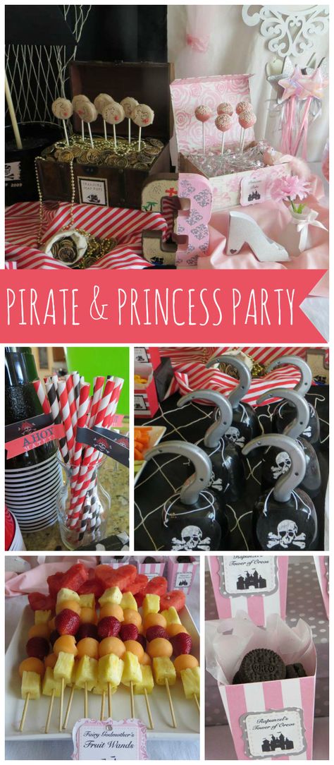 A pirate and princess party with popcorn balls, fairy Godmother fruit wands and treasure map Oreos!  See more party planning ideas at CatchMyParty.com! Pirates And Princesses, Mermaids And Pirates Party, Princess And Pirate Party, Pirate And Princess Party Ideas, Pirate And Fairy Birthday Party, Princess Pirate Party, Pirates And Fairy Birthday Party, Pink Pirate Party, Pirates And Princess Party