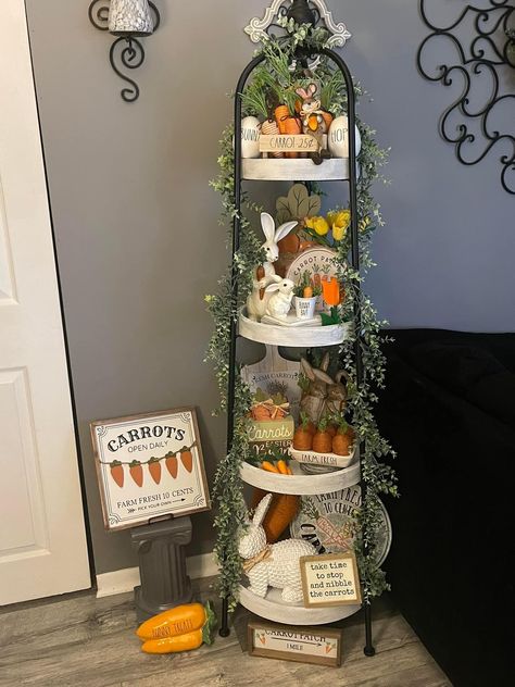 Hobby Lobby Decor Ideas, Hobby Lobby Shelf Decor, Hobby Lobby Shelf, Diy Tray Decor, Easter Yard Decorations, Easter Kitchen Decor, Hobby Lobby Decor, Tiered Shelf, Farmhouse Easter Decor