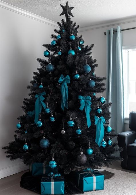 Christmas Tree Unique Decorations, Black Tree With Blue Ornaments, Black Christmas Trees Ideas, Blue Christmas Trees Ideas, Black And Blue Christmas Tree, Blue Ornaments Christmas Tree, Dark Blue Christmas Tree, Night Before Christmas Tree, Tiffany Blue Decorations