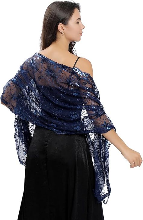 Baoqiya Women's Sparkling Sequin Deco Wedding Scarf for Bride 1920s Shawls and Wraps for Evening Party Dress (Navy) at Amazon Women’s Clothing store Wedding Scarf, Summer Shawl, Dress With Shawl, Wedding Shawl, Lace Scarf, Lace Shawl, Brides Wedding Dress, Striped Scarves, Women's Evening Dresses