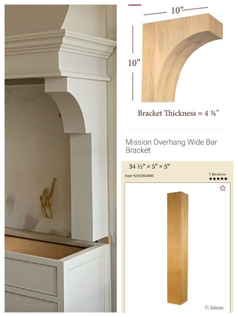 Kitchen Hood With Corbels, Mantel Style Range Hood, Cool Range Hoods, Wood Range Hood With Corbels, Oversized Range Hood, English Range Hood, Range Hood With Shelf, Cottage Range Hood Ideas, Beadboard Range Hood