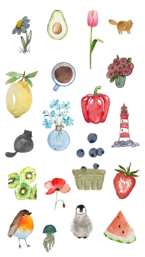 #collage #aesthetic #drawings #easydrawings #watercolor #watercolordrawings #viralpost Watercolor Collage Art, Watercolor Icons, Watercolor Doodles, Strawberry Watercolor, Watercolor Collage, Aesthetic Drawings, Food Doodles, Watercolor Food, Bag Ideas