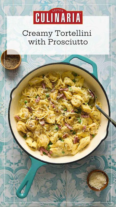 This easy one-pot tortellini with prosciutto and peas is a fantastic way to elevate store-bought fresh pasta and turn out a guest-worthy meal in under 30 minutes. Try this creamy tortellini recipe and prepare to be wowed. Peas And Prosciutto, Leek Sauce, Tortellini Recipe, Prosciutto Pasta, Creamy Tortellini, Ham Pasta, Tortellini Recipes, Quick Dinners, Weeknight Dinner Recipe