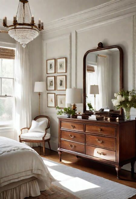 How to Decorate the Top of a Dresser Bedroom Decor White Dresser, Moody Romantic Master Suite, House And Garden Bedroom Ideas, Wood Board Decoration Ideas, Dresser With Mirrors, Neo Traditional Interior, Classic Romantic Home Decor, Dune Home Aesthetic, Foyer Dresser Decor