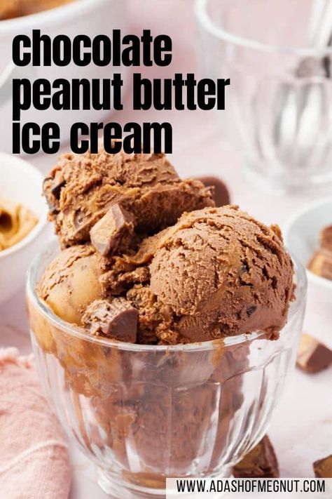 This chocolate peanut butter ice cream is so silky, smooth and rich! Mixed with peanut butter cups, chopped chocolate, and a swirl of peanut butter, you get the taste of peanut butter in every bite! This Philadelphia-style ice cream has no eggs, making it super easy to make in your ice cream maker at home. If you love chocolate and peanut butter, you'll love this ice cream recipe! #recipe #dessert Ninja Creami Chocolate Peanut Butter, Ninja Products, Peanut Butter Ice Cream Recipe, Kitchen Aid Ice Cream Recipes, Rice Chocolate, Chocolate Peanut Butter Ice Cream, Electric Ice Cream Maker, Reese's Chocolate, Cuisinart Ice Cream Maker