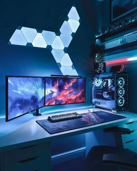 cool gaming setup Gaming Setup Bedroom, Games Room Inspiration, Small Game Rooms, Desk Room, Gaming Desk Setup, Best Gaming Setup, Computer Gaming Room, Computer Desk Setup, Gamer Setup