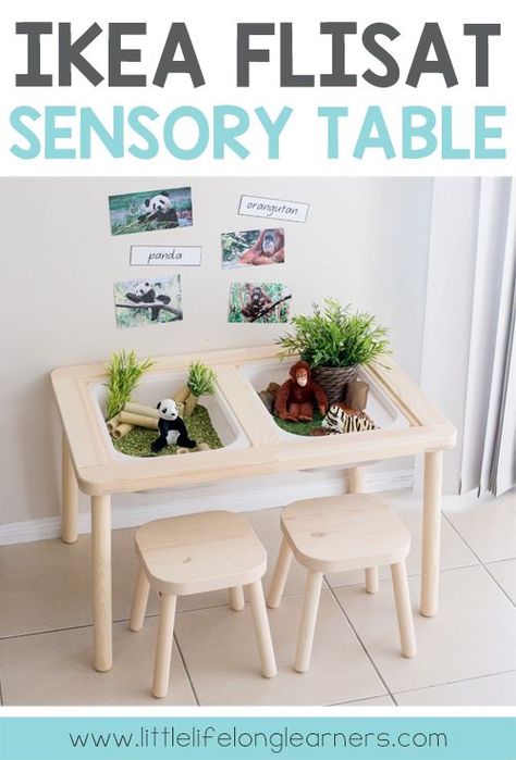 IKEA FLISAT sensory table | Sensory play tub ideas for toddlers and preschoolers | play ideas for the early years | IKEA in the home and classroom | IKEA hacks | Endangered animals DJUNGELSKOG range | Classroom Ikea, Flisat Sensory Table, Ikea Flisat, Montessori Playroom, Tub Ideas, Toddler Sensory, Home Daycare, Childrens Table, Sensory Room