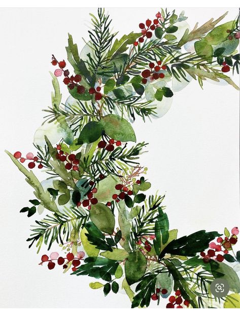 Christmas Flower Paintings, Painted Wreaths, Winter Painting Ideas Watercolors, Christmas Flowers Painting, Christmas Garland Painting, Watercolor Christmas Wreaths, Watercolor Christmas Flowers, Winter Flowers Aesthetic, Holly Painting