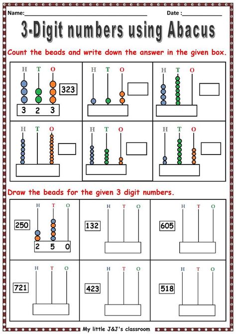 3 digit numbers using Abacus-printable worksheet-primary grade children Abacus Math Worksheets, Abacus Worksheet For Kids, Abacus Worksheet, Math Counting Worksheets, Maths Tricks, Symmetry Worksheets, Learning Websites For Kids, 2nd Grade Reading Comprehension, Abacus Math