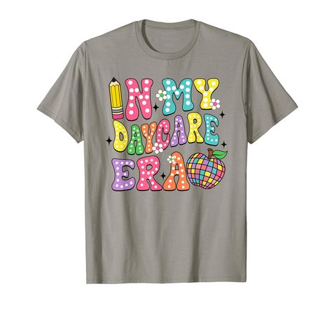 PRICES MAY VARY. Retro Groovy In My Daycare Era First Day Of School Tee. Funny back to school tee for kids, girls, boys, youth, women, men, teacher, son, daughter, friend, Daycare students, Daycare teachers who are about to start their adventure in Daycare Start your first day of school in style with this Daycare Teacher Tee. Great Daycare Outfit to show off their big back to school. Cute design for Daycare students to matching Daycare squad Teacher Tee. Lightweight, Classic fit, Double-needle s Daycare Outfits, First Day Back To School, Daycare Teacher, Teacher Things, School Tees, Retro Groovy, Teacher Tees, Fashion Toys, School Shirts