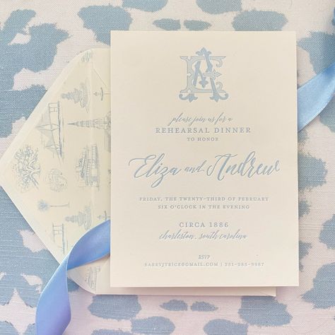 || Eliza + Andrew || Featuring a carolina blue letterpress, vintage monogram, and custom envelope liner, this rehearsal dinner invite is fit for a proper southern soirée • hand drawn envelope liner with elements unique to Charleston, South Carolina designed by our very talented @hannsnleggs if you can dream it, we can design it! #fairhopealabama #mobilealabama #RehearsalDinner #RehearsalDinnerInvitations #WeddingRehearsal #RehearsalDinnerIdeas #RehearsalDinnerParty #RehearsalDinnerDecor #Pr... Rehearsal Dinner Invitation Ideas, Rehearsal Dinner Fun, Rehearsal Dinner Inspiration, Rehearsal Dinner Invite, Custom Envelope, Rehearsal Dinner Invitation, Engagement Celebration, Wedding Vision, Envelope Liner