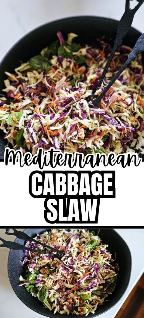 Collage of bowlful of Mediterranean cabbage slaw at top and overhead shot of bowlful of Mediterranean cabbage slaw at bottom. Mediterranean Cabbage Recipes, Cabbage Recipe Mediterranean, Mediterranean Coleslaw, Mexican Cabbage Slaw, Mexican Coleslaw Recipe Cabbage Salad, Cabbage Slaw No Mayo, Coleslaw No Mayo, Best Coleslaw Recipe, Cabbage Salad Recipes