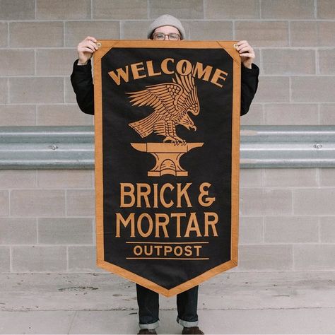 World Brand Design Society on Instagram: “Daniel Sheridan @d.sheridan - So stoked to see this design in its final stitched felt banner form for @brickandmortarusa, expertly crafted…” Vertical Banner, Vintage Banner, Felt Banner, Vintage Flag, Vintage Tapestry, Flag Design, Container House, Brand Design, Vintage Designs