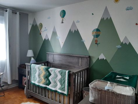 Green Mountain Mural Nursery, Green Mountain Wall Mural, Nursery Wall Mountains, Kids Room Mountain Wall, Baby Room Mountains, Kids Mountain Bedroom, Green Toddler Room, Baby Room Wall Painting, Mountain Baby Room