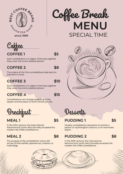 Menú especial de cafetería La pausa del café lineal con dibujos Cafe Menu Design, Menu Layout, Download Resume, Cafe Menu, Breakfast Dessert, Menu Template, Menu Design, Coffee Break, Free Graphic Design