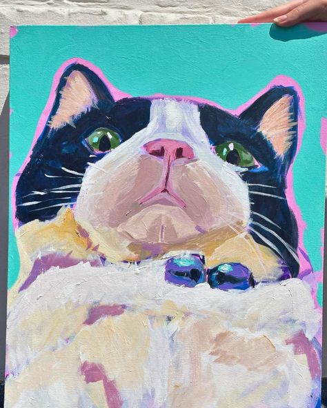 what would you do if I painted your cat like this?! honestly this painting was so much fun 😂 sometimes I wake up in the morning and my kitten is towering over my head, like she’s plotting something big for the day! Chaos, carnage and mischief tbh This painting is for sale and looking for its new home 👀 “Tuxedo Cat Behaviour” Size: 46x60 cm Medium: Acrylic on Canvas #painting #art #petportrait Funny Cat Paintings, Acrylic Cat Painting, Colorful Art Studio, Paintings Of Cats, Tuxedo Cat Art, Mom Decor, Cat Behaviour, Vibrant Paintings, Wall Art Cat