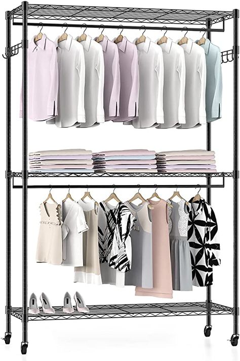 Rolling Rack Closet Ideas, Double Rack Closet, Free Standing Closet Ideas, Clothing Rack Closet, Heavy Duty Storage Shelves, Dressing Room Design Luxury, Standing Clothes Rack, Rack Closet, Standing Closet