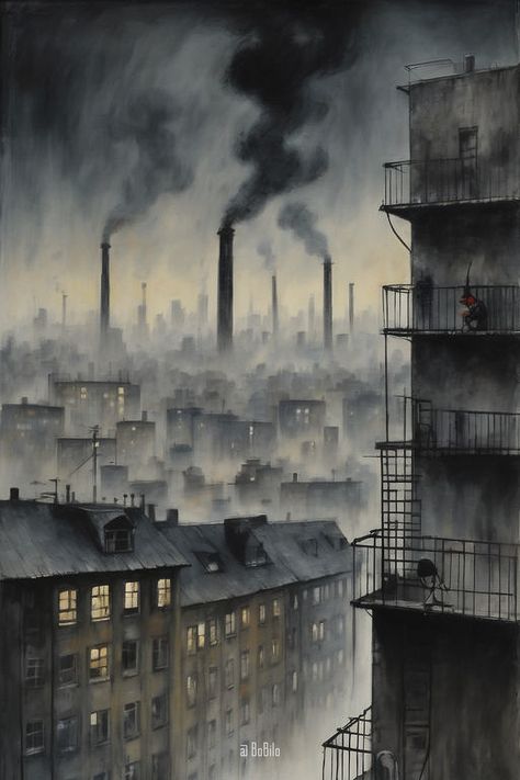 Industrial landscape Industrial Landscape Painting, Industrial London Aesthetic, Industrial City Art, Noir City Art, Distopian Architecture Art, Abandoned Places Drawing, Abandoned City Drawing, City Reference Photo, Industrial Art Painting