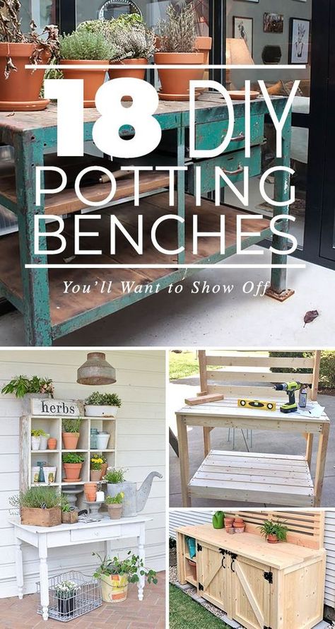 18 DIY Potting Benches You’ll Want to Show Off! • Check out this post for great tutorials and potting bench ideas. Potting tables that you can make and that look nice. #DIYpottingbenches #DIYpottingtables #pottingbenches #pottingtables #pottingbenchideas #DIYpottingbenchideas #DIYgardenideas #DIYgardenprojects Potting Benches Diy, Garden Diy Decoration Ideas, Diy Garden Table, Potting Bench Ideas, Diy Potting Bench, Potting Bench Plans, Outdoor Potting Bench, Potting Benches, Diy Garden Patio