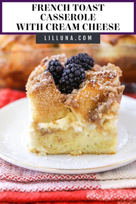 French toast casserole with cream cheese is a tasty make-ahead breakfast! Each bite is bursting with rich cream cheese. #frenchtoastbake #frenchtoast #creamcheese #breakfast #breakfastcasserole Easter Brunch Casserole, Casserole With Cream Cheese, Cream Cheese French Toast, Oven French Toast, Make Ahead French Toast, Cheese French Toast, French Toast Casserole Easy, Brunch Bake, Stuffed French Toast Cream Cheese