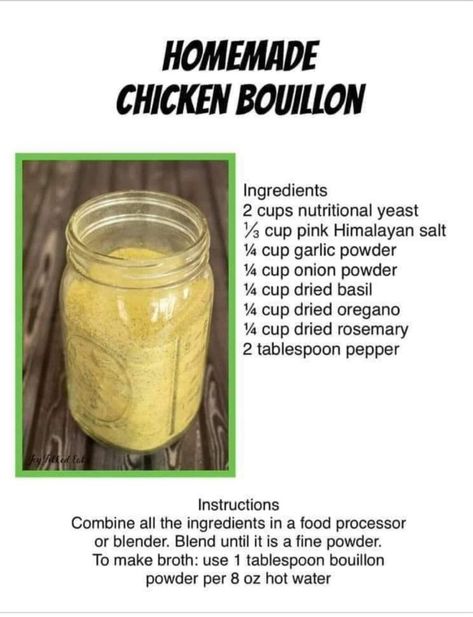 Vegan Chicken Boullion Chicken Bouillon Recipe, Bouillon Recipe, Diy Seasonings, Homemade Dry Mixes, Spice Blends Recipes, Homemade Spice Mix, Chicken Bouillon, Homemade Pantry, Vegan Chicken