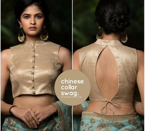 Chinese collar blouse Golden Blouse Designs, Sleeveless Blouse Designs, Sleeveless Blouse Saree, Golden Blouse, Blouse Sari, House Of Blouse, Blouse Indian, Backless Blouse Designs, Lehenga Blouse Designs