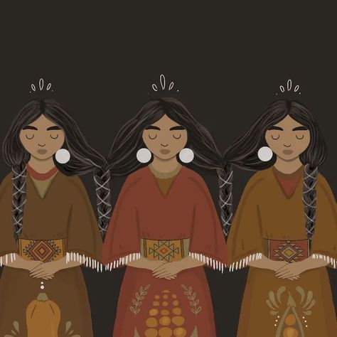 Anette Pirso Illustrations on Instagram: "The Three Sisters are represented by squash, corn and bean, and they’re an important facet of Indigenous culture and foodways. A number of Native American tribes interplanted this trio because they thrive together, much like three inseparable sisters.  They’re planted in a symbiotic triad where beans are planted at the base of the corn stalks. The stalks offer climbing bean vines support as they reach for sunlight from the earth. The beans, in turn, pum The Three Sisters, Corn Stalks, Sisters Art, Indigenous Culture, Three Sisters, Native American Tribes, Indigenous Art, School Projects, Art Show