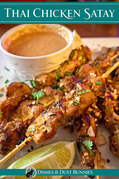 Try these delicious Thai Chicken Satay Skewers for your next meal! Juicy chicken skewers marinated in a savory combination of spices, served with a creamy peanut sauce. A perfect balance of sweet, salty and spicy flavors that will have you coming back for more. Satay Marinade, Chicken Satay With Peanut Sauce, Thai Chicken Satay, Chicken Satay Skewers, Chicken Satay Recipe, Satay Recipe, Restaurant Appetizers, Spoon Fork Bacon, Grilled Chicken Skewers