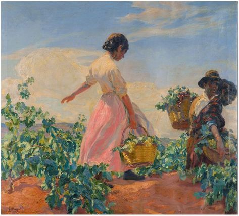 ✨ José Mongrell, Spanish (1870-1937) - La Vendimia (The Grape Harvest). Signed and dated J. Mongrell / 1917 lower left, oil on canvas, 90 by 100cm., 35½ by 39in. Theodore Robinson, Grape Harvesting, Socialist Realism, Picking Flowers, Soviet Art, River Bank, European Paintings, Russian Art, Vintage Artwork