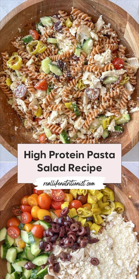 This high protein pasta salad with chicken is the best pasta salad for lunch, especially when you're looking for a healthy meal prep option. Protein pasta salad mixed with chicken is served cold so perfect for advanced prep! Cold Pasta Salad Recipes Protein, Best Healthy Pasta Salad, Macro Cold Lunch Ideas, High Protein Bulk Meal Prep, Salads Using Rotisserie Chicken, Cold Chicken Pasta Salad Healthy, Lunch Prep Pasta Salad, High Protein Meals With Rotisserie Chicken, Chicken Pasta Salad Meal Prep