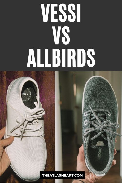 A composite image with a hand holding up a white Vessi sneaker on the left and one holding a grey Allbirds sneaker on the right, with the text overlay, "Vessi Vs Allbirds." Vessi Shoes Women Outfit, Vessi Shoes Outfit, Allbirds Outfit Women, All Birds Shoes Outfit Women, Vessi Footwear Outfit, All Birds Shoes Outfit, Allbirds Shoes Women Outfit, Allbirds Outfit, All Birds Shoes