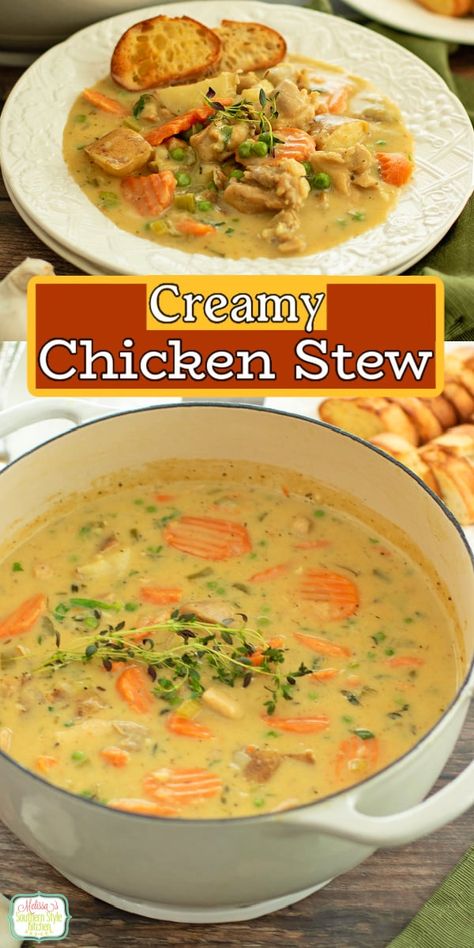 This easy Chicken Stew Recipe is filled with warm and hearty flavors that the whole family will love! #chickenstew #chickenrecipes #chickenthighs #southernrecipes #easychickenrecipes via @melissasssk Dutch Oven Chicken Stew Recipes, Slow Cooker Chicken Stew Recipes, Dutch Oven Chicken Recipes, Homemade Chicken Stew, Chicken Thighs And Veggies, Chicken Stews, Hearty Soups And Stews, Easy Chicken Stew, Soup And Stew Recipes