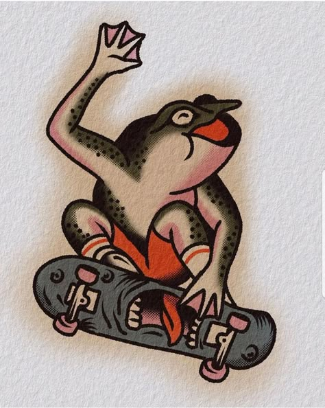 Tattoo Skate, Traditional Tattoo Filler, Skateboard Tattoo, Frosch Illustration, Leg Tats, Traditional Tattoo Drawings, Americana Tattoo, Old School Tattoos, Traditional Style Tattoo