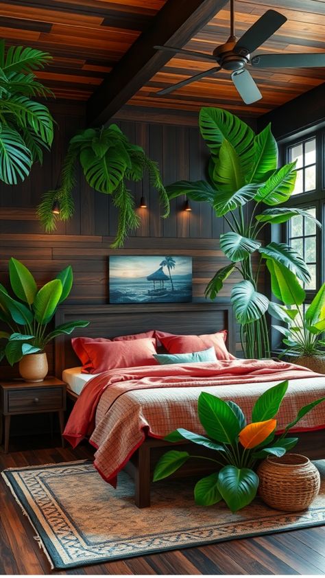 Cozy bedroom with lush green plants, a tropical-themed painting, and earthy tones. Minimalist Beach Bedroom, Navy Coastal Bedroom, Bedroom With Dark Wood Furniture, Bedroom Ideas Dark Wood, Bedroom Ideas Navy, Bedroom Ideas Coastal, Cozy Coastal Bedroom, Dark Wood Accents, Bedroom Ideas Green