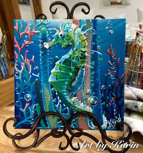 Sea Horse Painting Acrylics, Seahorse Acrylic Painting, Seahorse Art Painting, Sealife Paintings, Jelly Fish Painting Acrylic, Sea Horse Painting, Painted Seahorse, Sea Horse Art, Horse Paintings Acrylic