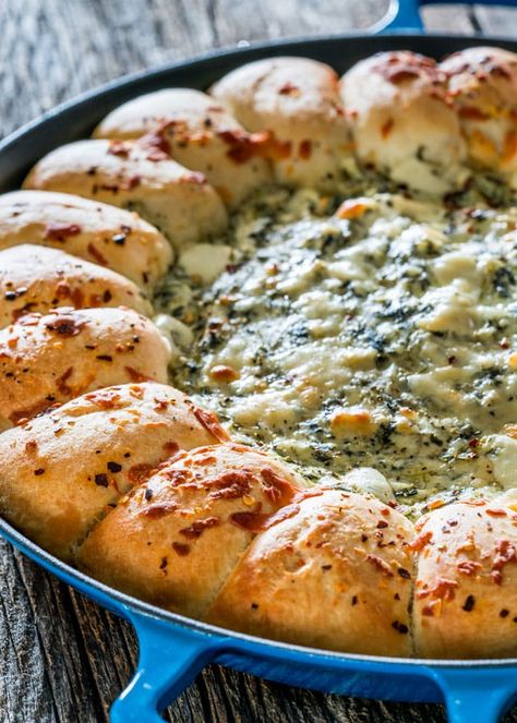 This Skillet Pull Apart Bread with Spinach and Artichoke Dip is simple gooey cheesy goodness surrounded by bread rolls, all baked in one skillet. Plop it on a table and let everyone dig in. www.jocooks.com #spinachdip Frozen Dinner Rolls, Skillet Bread, Frozen Rolls, Spinach Artichoke Dip Recipe, Spinach And Artichoke Dip, Artichoke Dip Recipe, Jo Cooks, Chef John, Nice Recipes