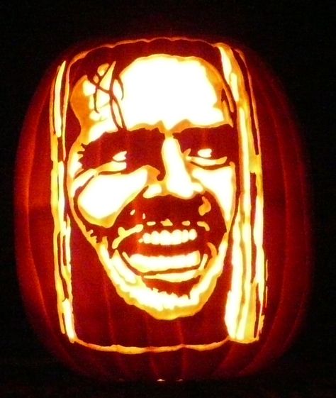 My son asked me if I have ever carved Jack Torrance on a foam pumpkin (Jack Nicholson) from The Shining, so I thought I would give it a shot.  Pattern by stoneykins.com. Shining Pumpkin Carving, The Shining Pumpkin Carving, Carved Halloween Pumpkins, Jack Torrence, Pumpkins Pictures, Joker Pumpkin, Jack Torrance, Pumpkins For Sale, Creative Pumpkin Carving