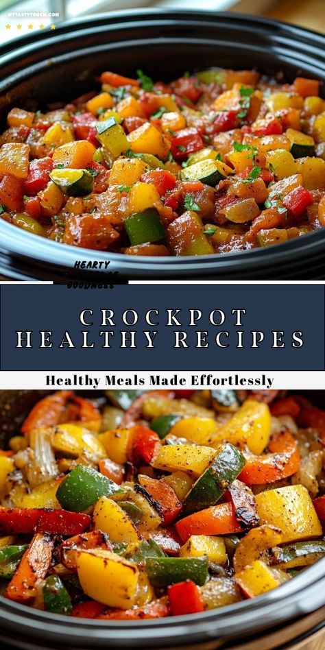 I love creating healthy meals effortlessly, and this Crockpot Vegetable Medley is a perfect example! Packed with colorful bell peppers, zucchini, and a variety of spices, it's not only delicious but also a great way to sneak in those veggies. Set it and forget it for a comforting meal that the whole family will enjoy! Healthy Crock Pot Dinners Clean Eating, Healthy Dinner Recipes With Veggies, Meals With A Lot Of Veggies, Healthy Vegetarian Crockpot Meals, Vegan Crockpot Freezer Meals, Vegetable Main Dishes Healthy, Health Crock Pot Recipes, Stealth Health Recipes Crockpot, Meals With Frozen Vegetables