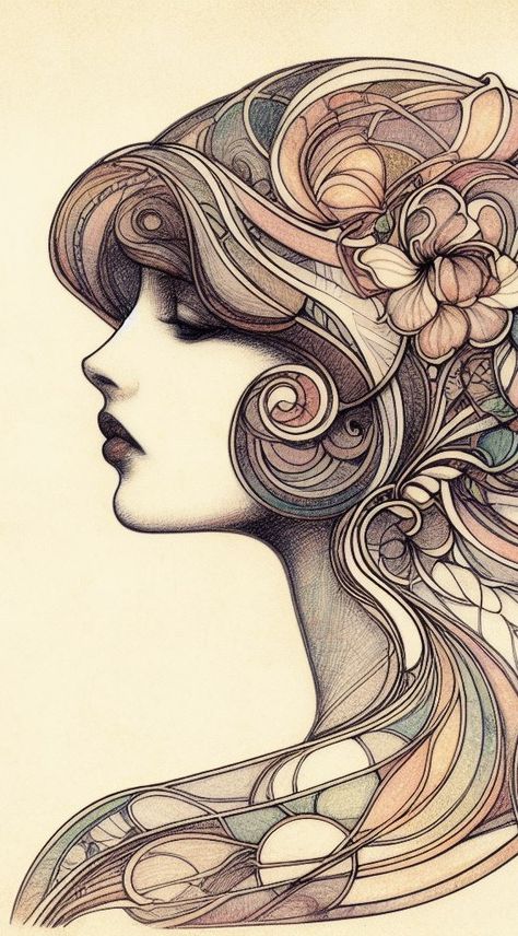 A Glasgow art nouveau inspired tattoo design blending geometric and nature-inspired motifs in a harmonious face representation. Art Nouveau Typography, Fleurs Art Nouveau, Decorative Typography, Nouveau Illustration, Motifs Art Nouveau, Drawing Hands, Art Nouveau Illustration, Art Nouveau Pattern, Band Poster