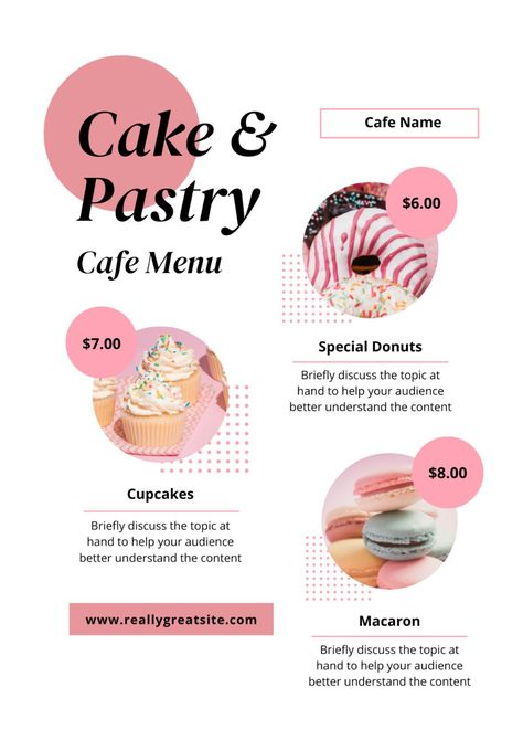 Get more unique template designs like this at www.canva.com/p/sylvia-design-studio/ Pastries Menu Design, Dessert Flyer Design, Orange Aesthetic Minimalist, Aesthetic Menu Template, Pastry Menu Design, Pink Minimalist Cake, Menu Design Ideas Templates, Catering Menu Design, Menu Cake