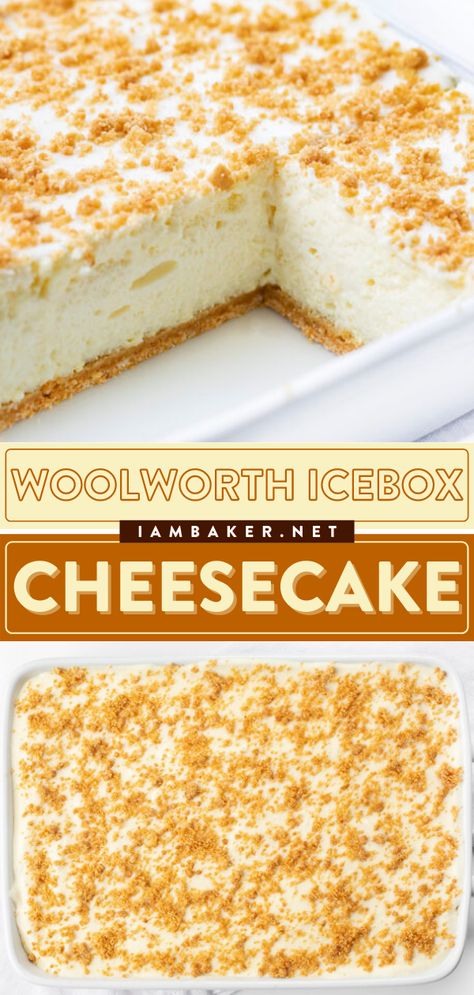 Woolworth Recipes, No Bake Icebox Cheesecake, Lemon Cheesecake Cake, Fluffy Cheesecake Recipe No Bake, Non Cook Cheesecake Recipes, 9x13 Cheesecake, Easy No Bake Cake Recipes, No Bake Lemon Cake, Easy Lemon Cheesecake Recipes