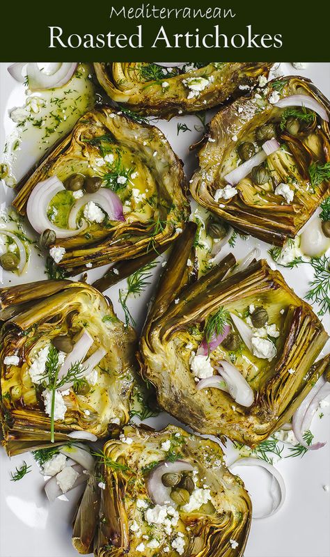 The BEST Roasted Artichoke recipe you'll find! Perfectly tender roasted artichokes prepared Mediterranean-style with olive oil, shallots, capers, and a roasted garlic vinaigrette. #roastedartichoke #artichokes #springrecipes #mediterraneandiet #mediterraneanrecipes #glutenfreerecipes Roasted Artichokes, Artichoke Recipe, Garlic Vinaigrette, Roasted Artichoke, Artichoke Recipes, Mediterranean Dishes, Mediterranean Diet Recipes, Veggie Dishes, Roasted Garlic