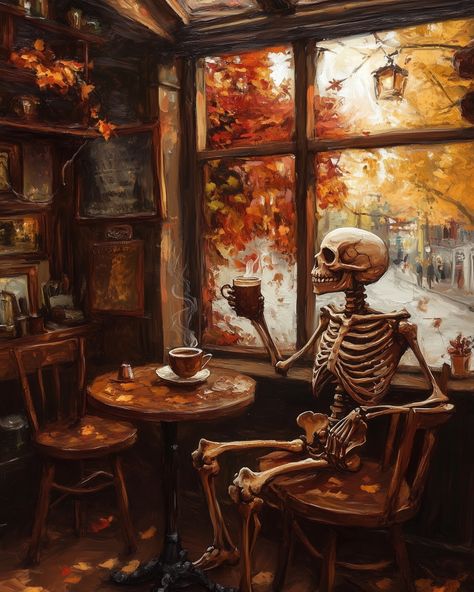 Spoopy coffee date ☕️ #skeletonart #halloweenart #autumnart #coffeeshopvibes Thanksgiving Skeleton, Coffee Shop Illustration, Fall Skeleton, Coffee Skeleton, Spooky Coffee, Boxes Ideas, Coloring Contest, Skeleton Illustration, Cats Photos