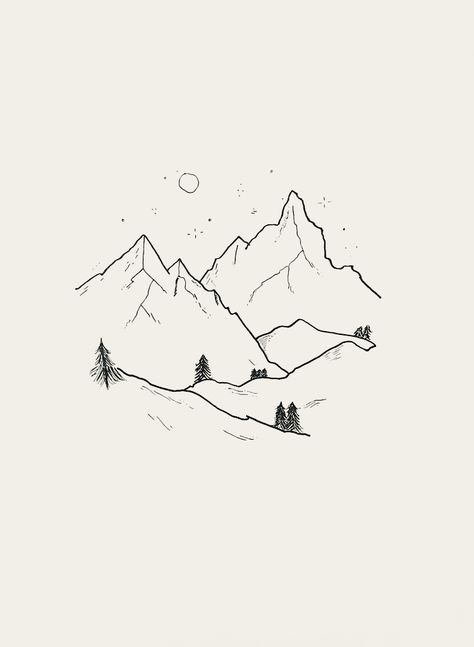 Mountains Illustration Simple, Cabin Sketch Simple, Winter Line Drawing, Mountain Range Drawing Simple, Mountain And Lake Drawing, Mountain Aesthetic Drawing, Valley Drawing Simple, Simple Mountain Drawing, Simple Feminine Tattoos